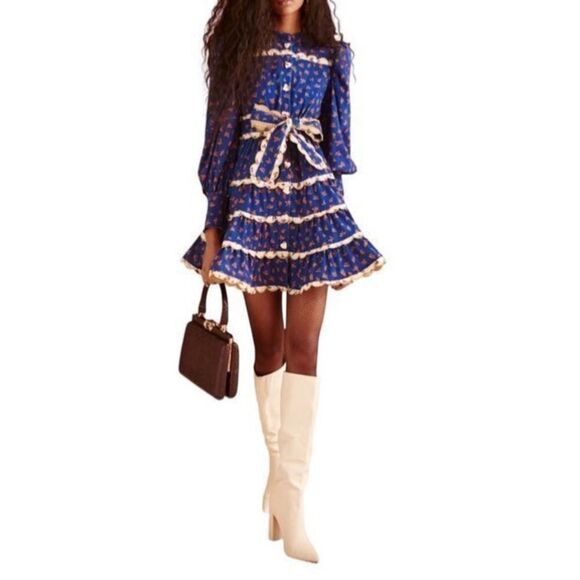 CeliaB Karisismi Tiered Scalloped Trim Mini Dress Blue Women's Size Large - Picture 2 of 14